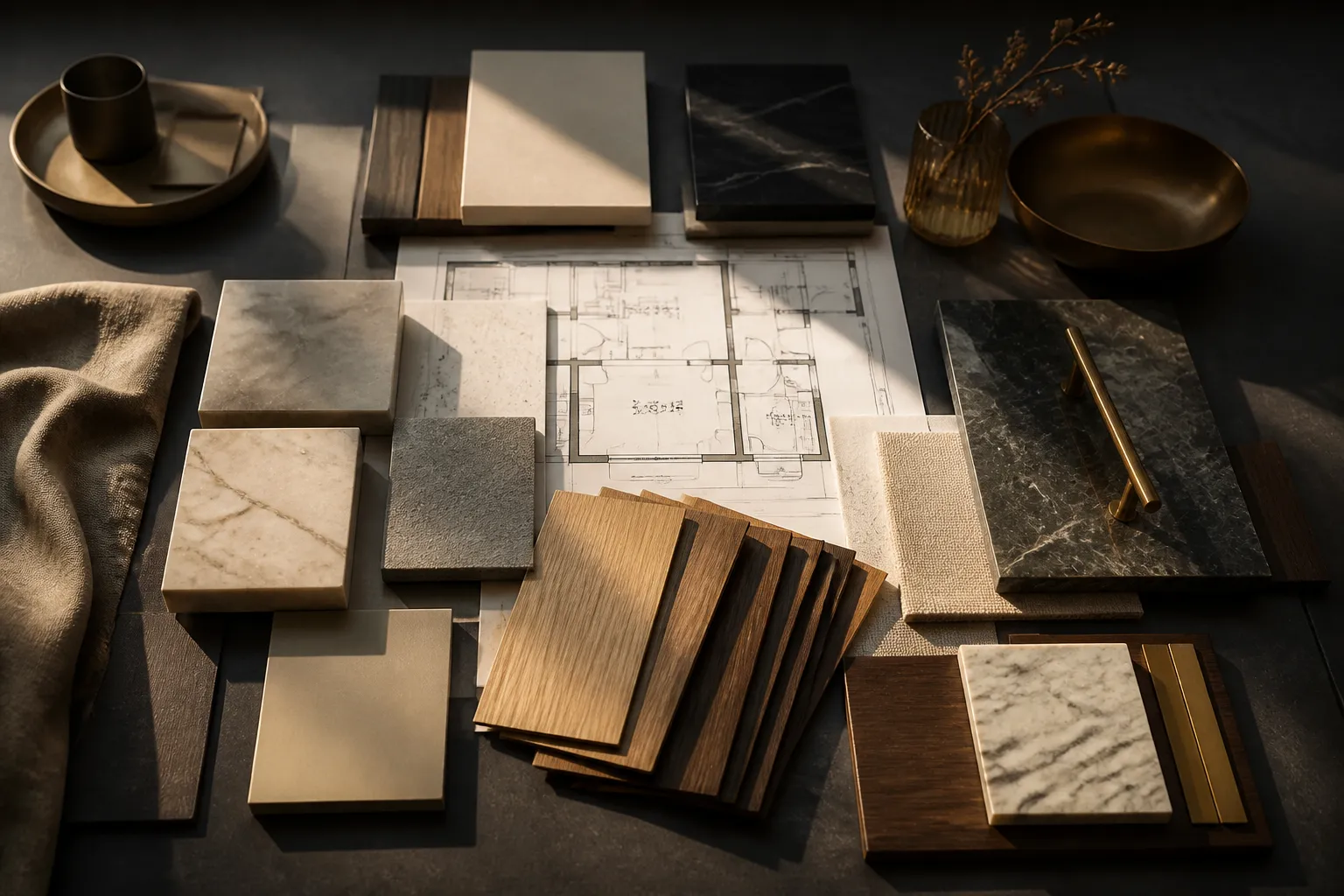 Material samples spread across a design studio desk: marble, wood veneer, laminates, and brass hardware