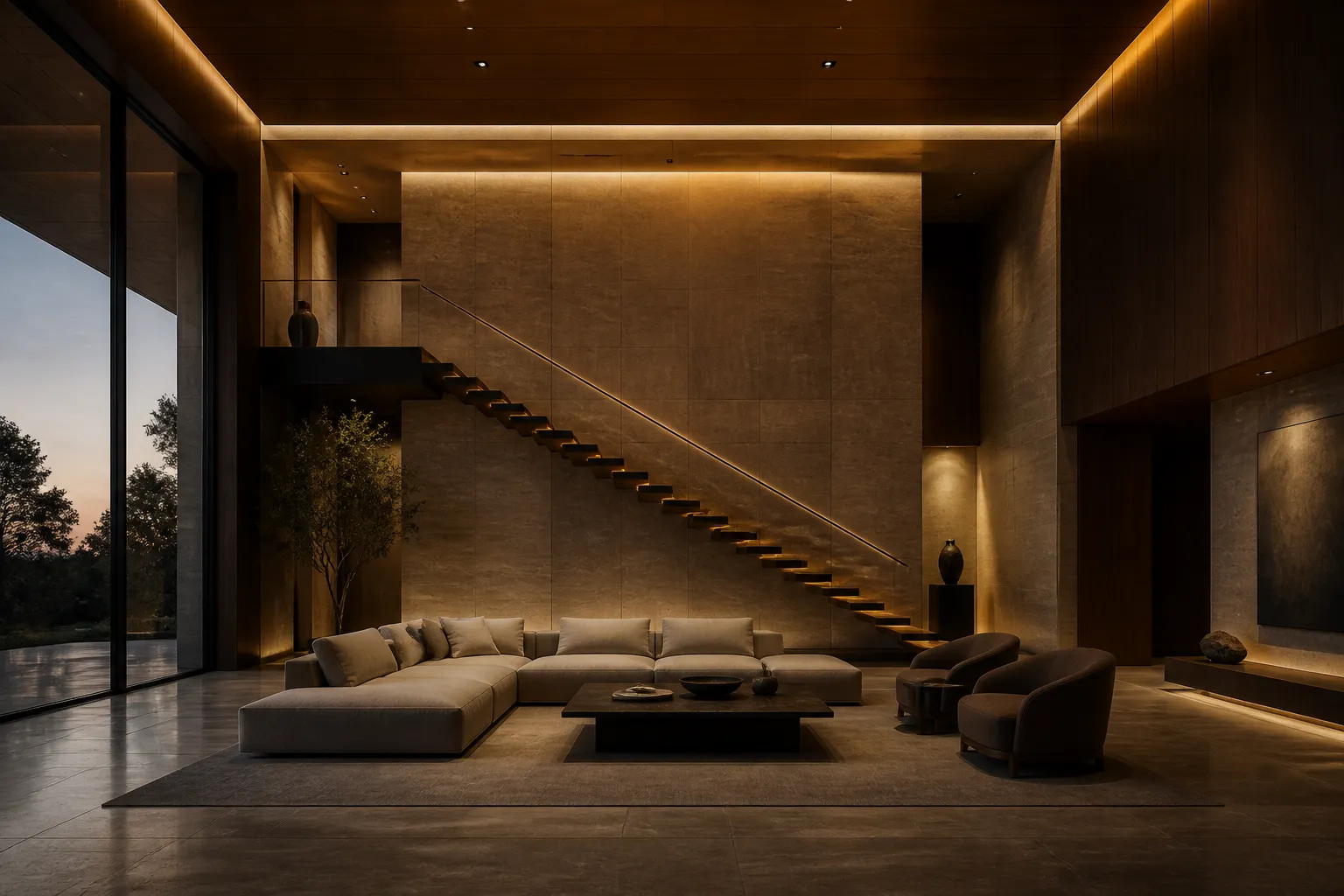 Refined luxury interior with warm stone panelling and cantilevered staircase