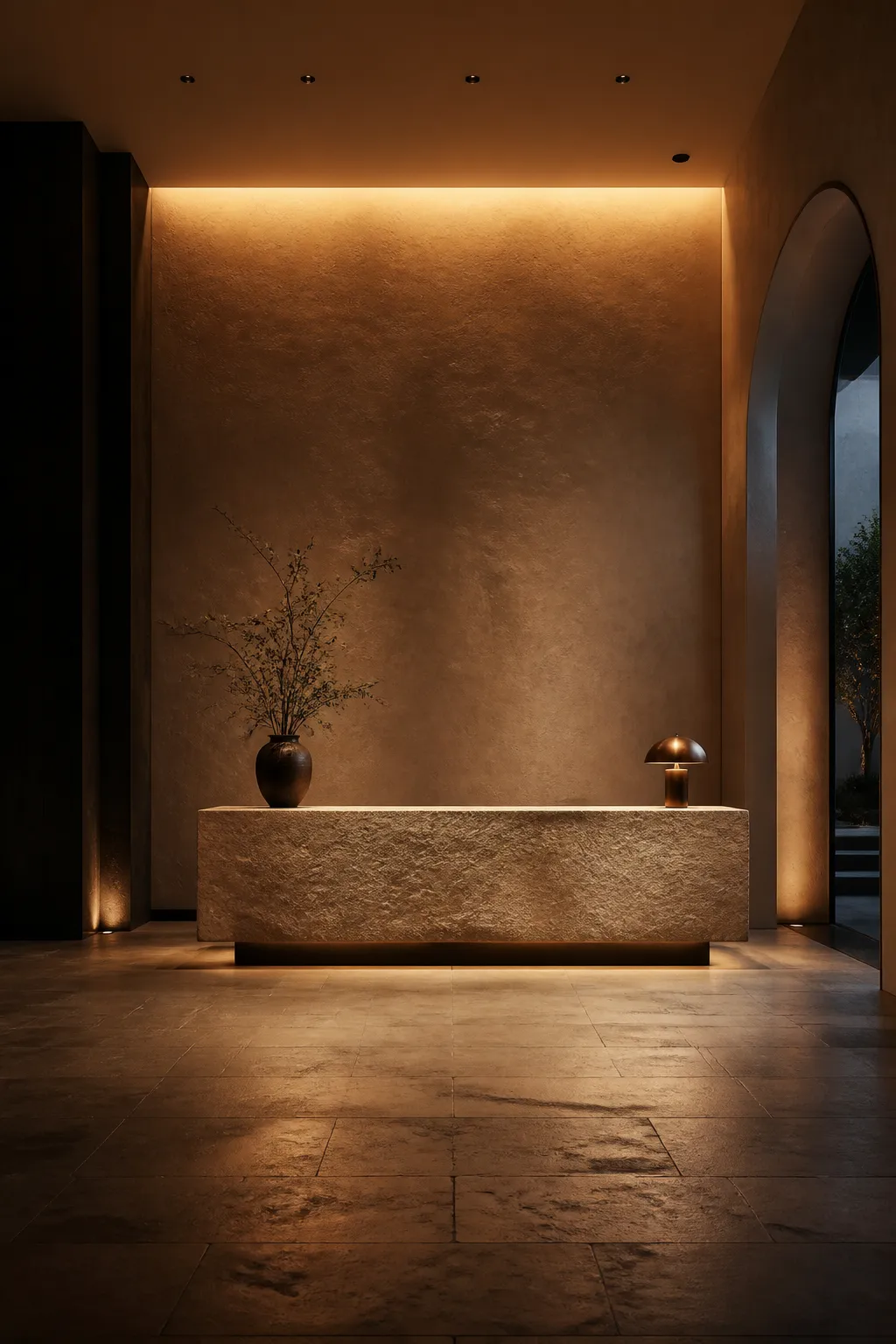 Refined hospitality lobby interior with warm plaster walls, stone counter, and ambient lighting