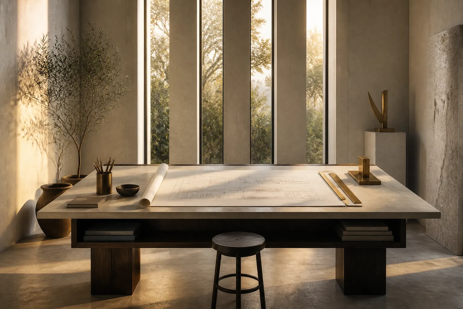 Studio workspace with architectural drawings, warm morning light on stone and linen surfaces