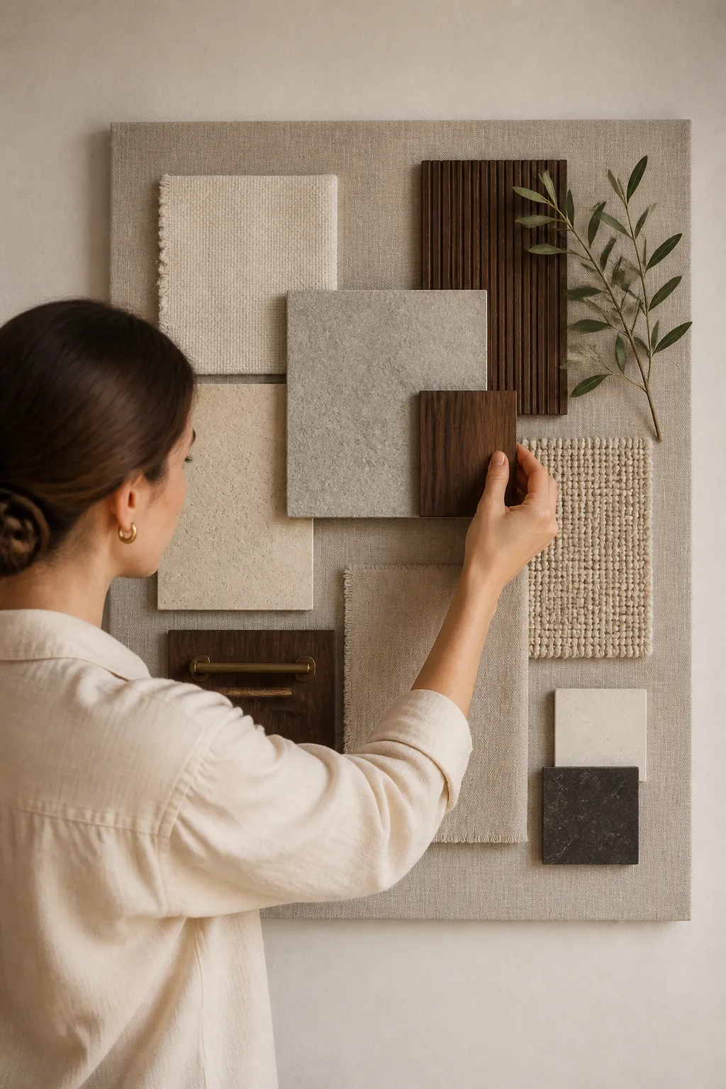 Material samples being arranged on a design mood board - walnut and stone textures
