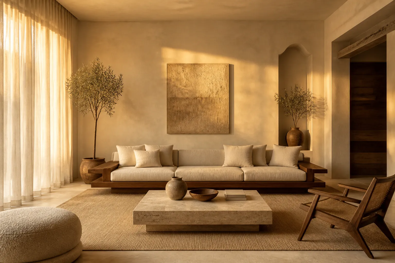 Refined luxury living room with travertine, teak, and warm afternoon light