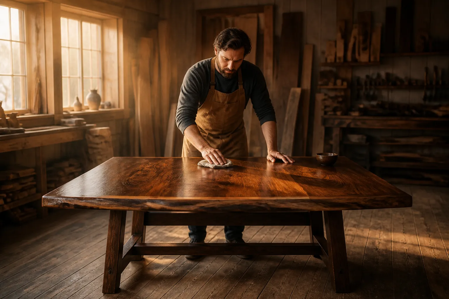 Craftsman finishing a bespoke walnut table surface in a specialist workshop