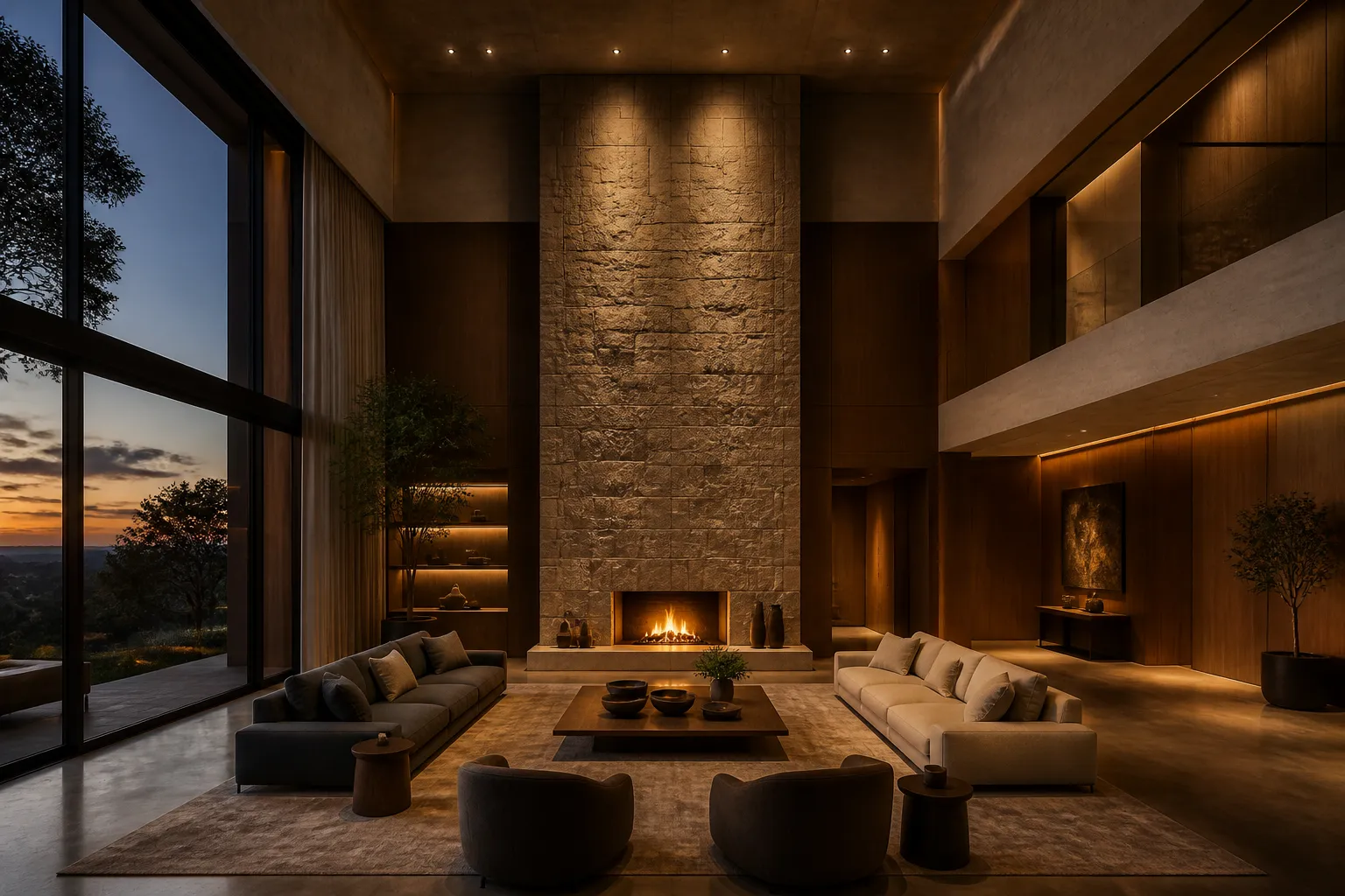 Expansive luxury residential interior with stone fireplace and walnut panelling designed by Studio Omnifiq